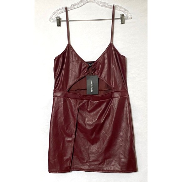 Pretty Little Thing Mini Dress Womens 12 Burgundy Faux Leather Cut Out Bodycon - Picture 1 of 16